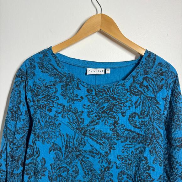 Habitat Top Women L Blue Black Floral Asymmetrical Hem Cotton Lagenlook 3/4 Slee - Picture 4 of 6